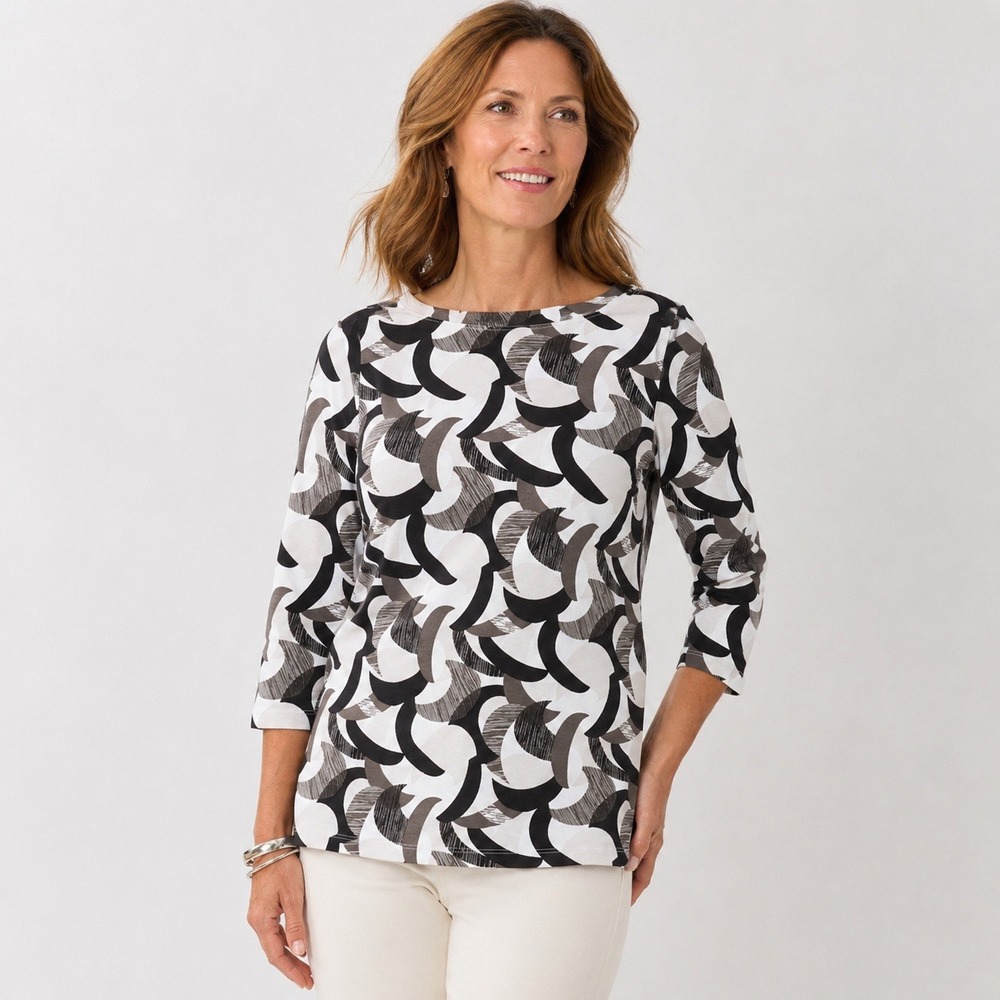 Chico's Coastal Breeze‎ Piper Boat Neck Top 3/4 Sleeve Cocoa Bean Cotton Size 2